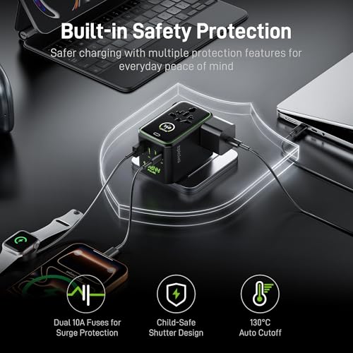 Image of Epicka Pulse Duo 140W Universal Travel Adapter with Smart Display, International Power Adapter with 3.28ft Cable, 2 AC Outlets PD 3.1 PPS Charger Compatible with MacBook, iPhone, Travel Essentials