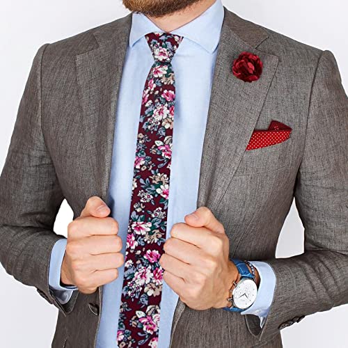 Image of Mantieqingway Men's Skinny Tie, Cotton Floral Ties for Men Wedding Necktie for Groom, Groomsmen, Missions, Dances