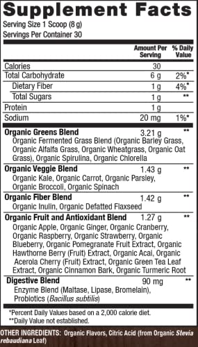 PlantFusion Fruitful Super Greens Powder - Fermented Juice Powder Blend with Digestive Enzymes Probiotics & Prebiotic Fiber - Organic, Non-GMO, Vegan, Gluten-Free - 8.46 oz 30 Servings