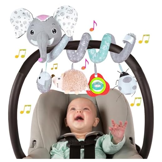 BATOHO Baby Car Seat Toys, Infant Activity Spiral Plush Toys Hanging Stroller Toys for Baby with Musical Owl Rattles Hedgehog Beep Ladybird Squeaker - Gray Elephant