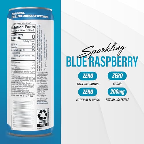 Image of C4 Smart Energy Drink - Boost Focus and Energy with Zero Sugar, Natural Energy, and Nootropics - 200mg Caffeine - Blue Raspberry (12oz Pack of 12)