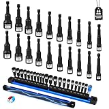22-Piece Magnetic Nut Driver Set, Metric & SAE (5-13mm & 1/4'-9/16'), 65mm Long, 1/4' Hex Shank Drill Socket Set, Wing Nut-Driver Bit, Quick-change Extension, Magnetic Aluminum Storage Rail