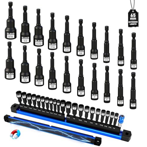 Image of 22-Piece Magnetic Nut Driver Set, Metric & SAE (5-13mm & 1 /4 inch-9 /16 inch), 65mm Long, 1 /4 inch Hex Shank Drill Socket Set, Wing Nut-Driver Bit, Quick-change Extension, Magnetic Aluminum Storage Rail