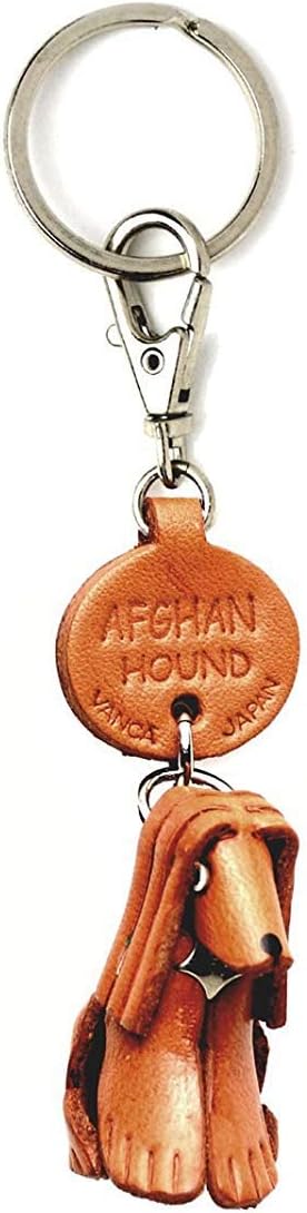 Afghan Hound Leather Dog Small Keychain VANCA CRAFT-Collectible Keyring Charm Pendant Made in Japan