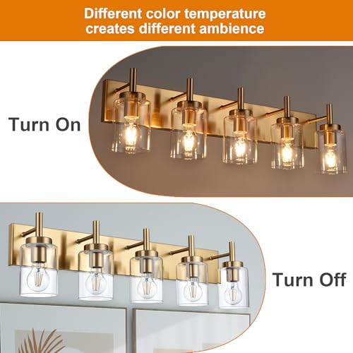 Image of 5-Light Bathroom Light Fixtures, Brushed Brass Indoor Vanity Light Over Mirror with Milky White Frosted Glass Shades Modern Wall Lighting for Hallway Makeup Table