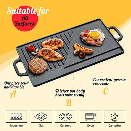 Overmont Pre-Seasoned 17x9 Cast Iron Reversible Grill Pan with Handles for Stovetop Camping BBQ by OVERMONT - Image 3