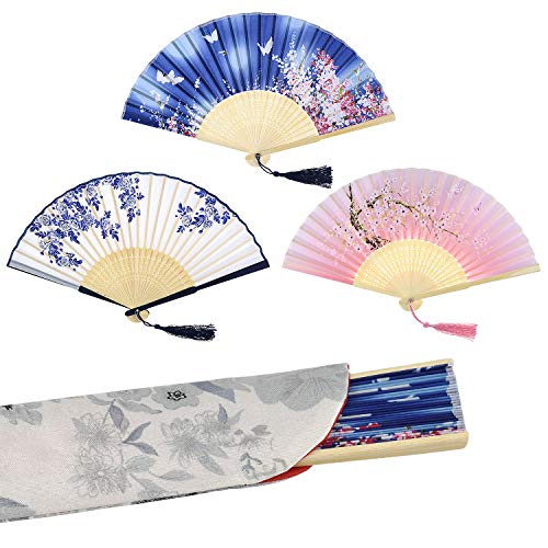 EAONE 3 Pcs Handheld Fan, Abanicos de Mano Chinese Butterflies Flowers Vintage Style Silk Hand Folding Fan with Bamboo Frame and Elegant Tassel for Party Wedding Dancing Cosplay Home Decoration - Thumbnail 4