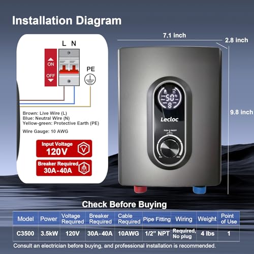 LECLOC Under Sink Tankless Water Heater Electric 3.5kW 120V, Enlarged LED Digital Display with Knob Control, Overheat Protection, IPX4, 30-55℃ On Demand Small Water Heater for Bathroom or Kitchen Sink