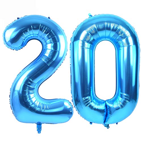Image of TONIFUL 40 Inch Blue Number 20 Balloon Large Foil 20th Birthday Decorations | Blue 20 Balloon Number 20 for Milestone Twenty Birthday Party 20th Anniversary, Blue Birthday Decor for Men Women