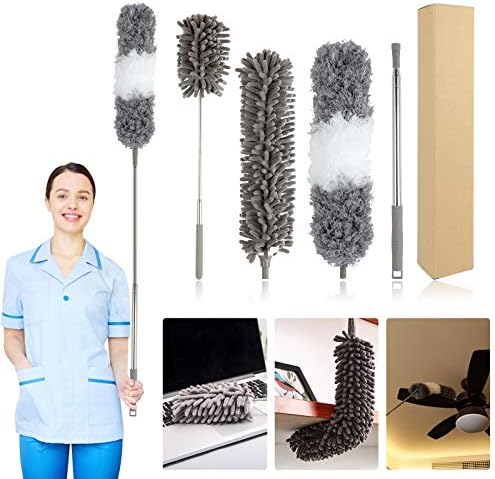 Dusters for Cleaning, KissDate 4PCS Telescopic Washable Detachable Microfiber Duster with 100 Inch Extension Pole, Cobweb Duster Chenille Dust Brush for Cleaning Ceiling Fan, Blinds, Car, Furniture
