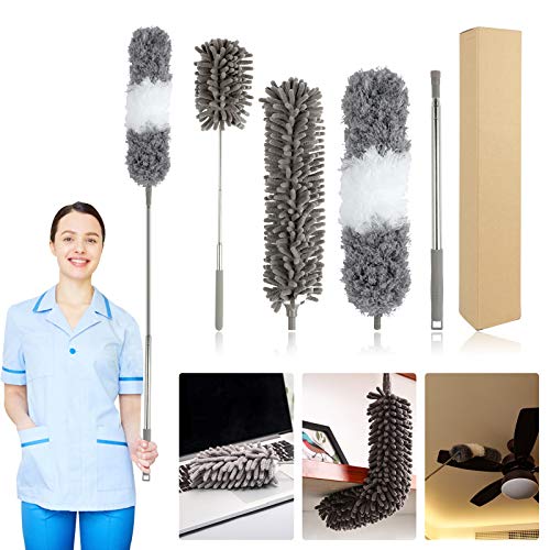 Dusters for Cleaning, KissDate 4PCS Telescopic Washable Detachable Microfiber Duster with 100 Inch Extension Pole, Cobweb Duster Chenille Dust Brush for Cleaning Ceiling Fan, Blinds, Car, Furniture