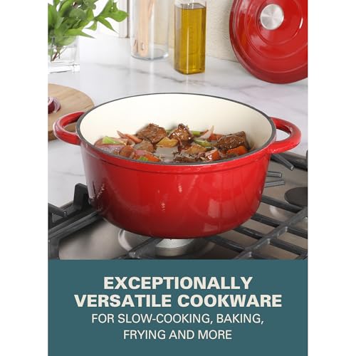 Image of Gibson Home Addlestone 5-Quart Red Enamel Cast Iron Dutch Oven with Lid and Dual Handles - Durable Round Cooking Pot