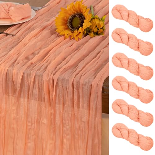 DeZerlor Peach Cheesecloth Table Runner 6 Pack Summer Sheer Cheese Cloth Table Runners Boho Gauze 120 Inches for Sweet Little Peach Baby Shower Decorations Wedding Bridal Birthday Parties