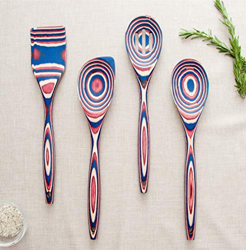 Crate Collective Pakka Wooden Spoons Set - Exotic Pakkawood Utensils for Serving & Cooking - Non-Stick Spoon, Slotted Spoon, Corner Spoon, and Spatula for All Cookware - Lightweight & Heat Resistant