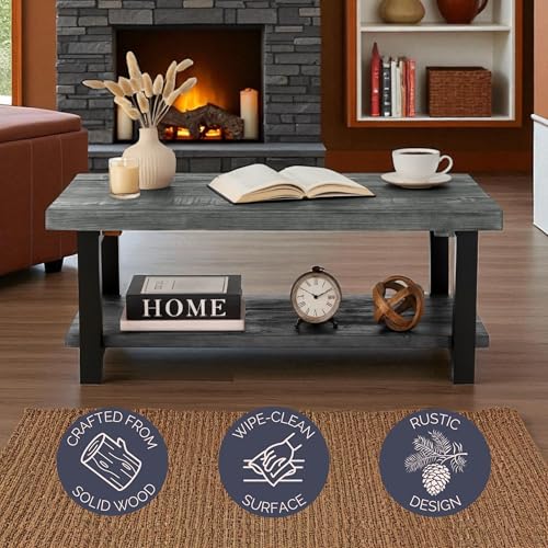 Image of Alaterre Furniture Pomona Solid Wood Coffee Table, Slate Grey, 42 inch | Rectangular Center Table with Storage Shelf and Metal Legs, Rustic Industrial Farmhouse Living Room Furniture