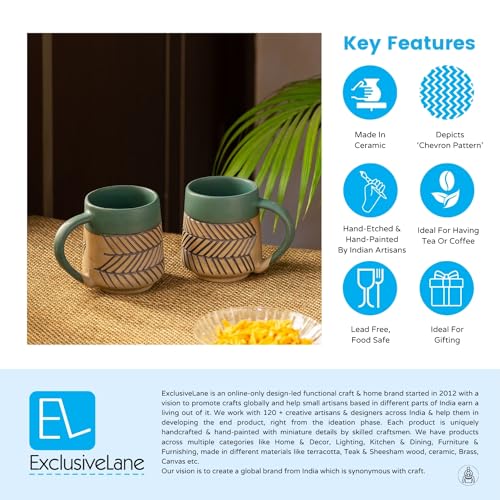Image of ExclusiveLane 'Chevron Waves' Ceramic Tea Cups & Ceramic Coffee Mugs Set of 2 (280 ML, Microwave & Dishwasher Safe) |Ceramic Coffee Cups for Tea Mugs Set Ceramic Mugs Milk Mug Coffee Cup Drinkware