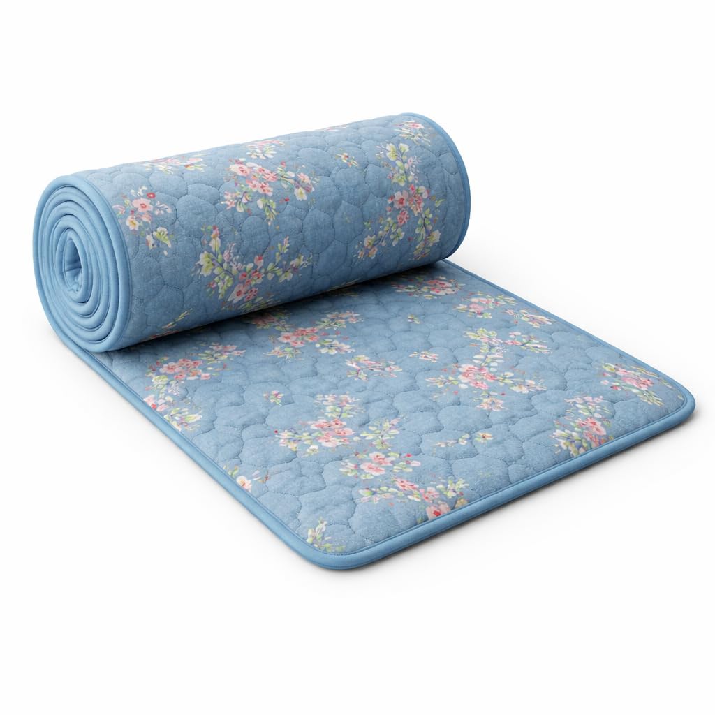 Rollable Floor Mattress (Quilted Leaf Fabric) – Foldable Sleeping Mat, Soft Foam Carpet Mattress for Floor, Guest Bed, Yoga, Living Room Use, Lightweight & Easy Storage (Blue, 72IN X 30IN)-image-45