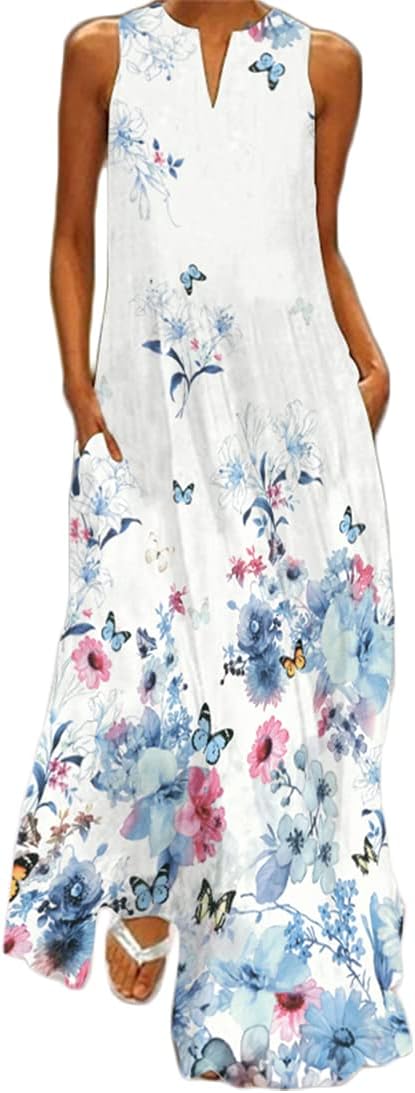 WINKEEY Maxi-jurk voor dames, vlinder, bloemenprint, V-hals