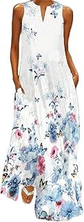 WINKEEY Women's Maxi Dress, Butterfly, Floral Print, V-Neck, Bohemian, Plus Size, Summer, Long Dress with Pockets