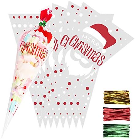 SULOLI Christmas Sweet Cone Bags,100 Pieces Clear Cellophane Cookies Treat Bags with 150 Twist Ties for Christmas Party Supplies