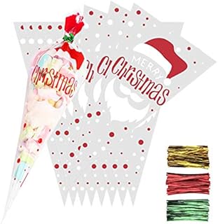 SULOLI Christmas Sweet Cone Bags,100 Pieces Clear Cellophane Cookies Treat Bags with 150 Twist Ties for Christmas Party Supplies