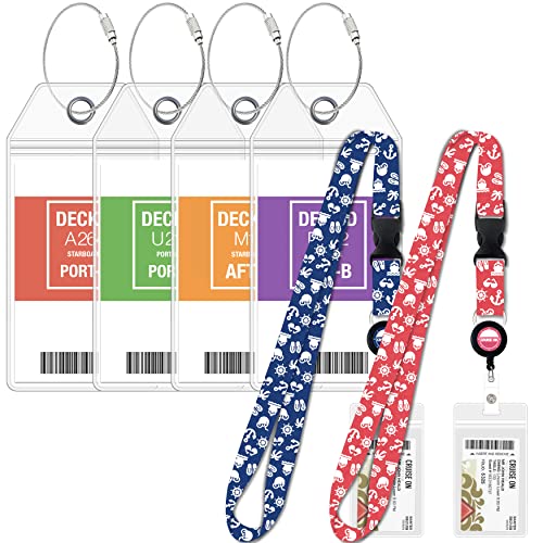 Carnival Cruise Luggage Tag Holders (4 Pack) & Lanyards (2 Pack), Large, Clear & Waterproof, Cruise Essentials 2026-2027 for Ship Cards & Baggage – Durable Travel Accessories (Blue and Pink Icons)