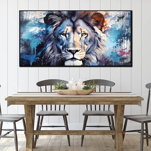 Lion Wall Art for Living Room, Animal Canvas Wall-Decor for Bedroom, Blue Picture Print, Large Size 59x29 Inches Framed by ENTANUB - Used condition - Image 2