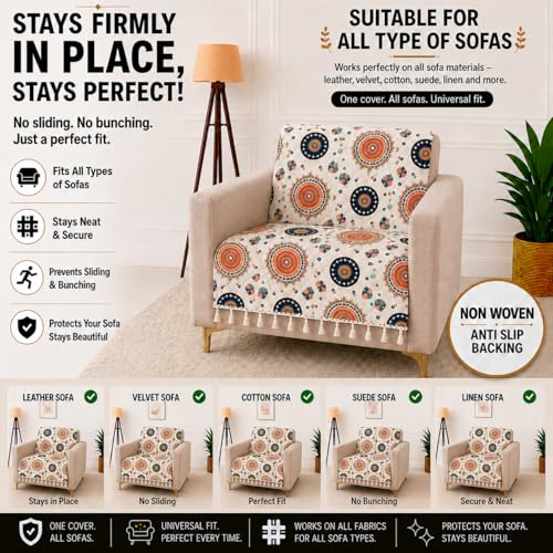 Image of Homerz Premium Printed Quilted Velvet Sofa Slip Cover Protector with Tassels, Sofa Mat, Exact Size, Antislip Cover (Mosaic, 1 Seater, Full)