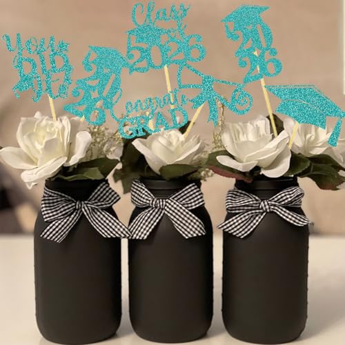 Image of Graduation Centerpiece Sticks 24PCS Glitter Grad Picks Party Table Decor Senior High School College Sign Teal