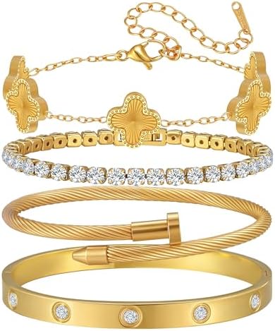 Kleeblatt Schmuck Set für Damen - 18 Karat Gold Armband&Armreif Glücksarmband Schmuck Geschenk für Damen,4PCS