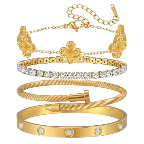 Jzrow 18K Gold Plated Bangle van cleef Bracelets Stack for Women,Four Leaf Clover Stackable Bracelets Non Tarnish,4 Pcs Jewelry sets Gifts (Gold)