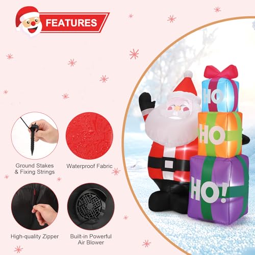 6FT Christmas Inflatable Outdoor Decorations, Cute Santa with Gift Box, Blow Up Xmas Yard Decoration for Holiday Home Party Garden Lawn Decor, Indoor Outdoor Use, Easy Installation
