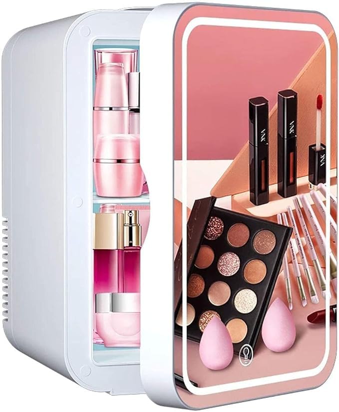 Portable Mini Refrigerator for Skincare, Makeup, Drinks, 8L, LED Mirror, White