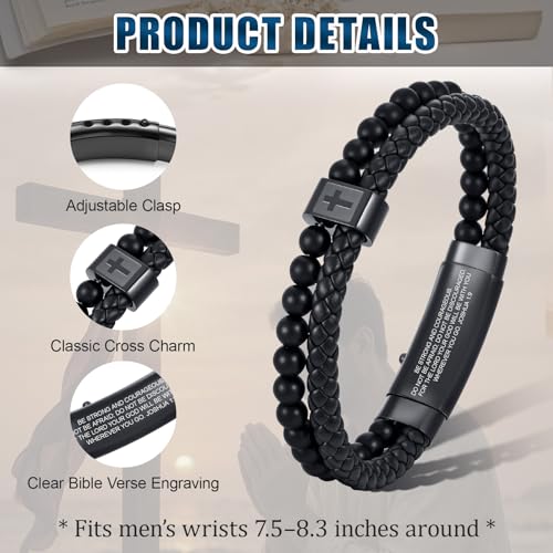 Christian Cross Black Leather Bracelet for Men, Double-Row Braided Leather Cross Bracelet Bible Verse Agate Onyx Beaded Bangle, Adjustable Wristband Faith Religious Christian Jewelry Gift for Men4