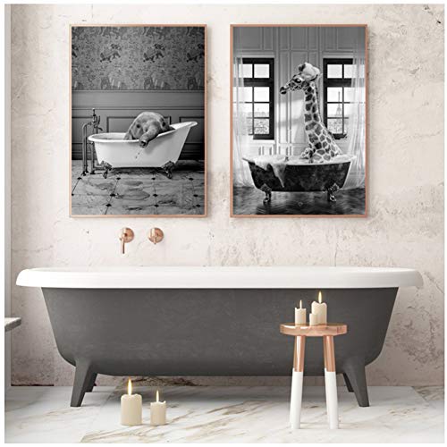 yhyxll Jirafa Elefante Divertido Blanco Negro Animales baño Foto Pared Arte Cuadros Carteles Lienzo Pintura Impresiones baño decoración-20x28 Inx2 sin Marco Cover