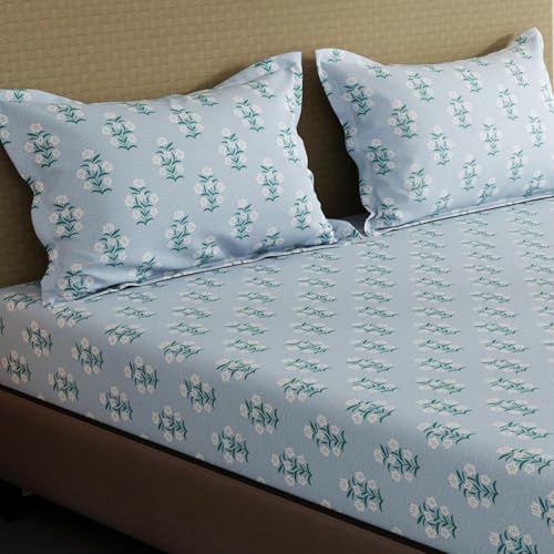Image of Layers 100% Cotton Fitted Sheet for King Size Bed | Lumina Floret Collection | 144 TC Soft & Breathable | Floral Print with 2 Pillow Covers | Wrinkle Free & Colorfast | 3 Pc Bedding Set - Blue