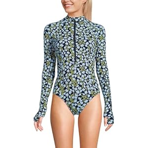 Lands' End Women's Chlorine Resistant Zip Front Long Sleeve Tugless Sporty One Piece Swimsuit