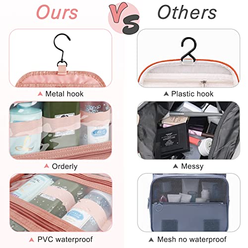 Maxuni Travel Hanging Toiletry Bag, Makeup Bag For Women, Portable Cosmetic Organizer For Brushes Set, Full Size Bottles, Toiletries, Accessories, Pink #TOP4