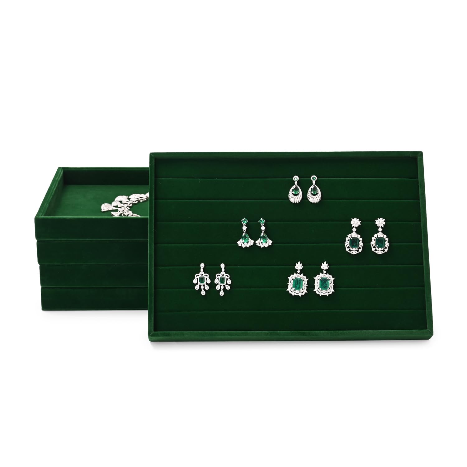 plateau à bijoux empilable en velours, rangement de bijoux tiroir boîte à bijoux organisateur présentoir à bijoux, 35x24x3,5cm (vert foncé)