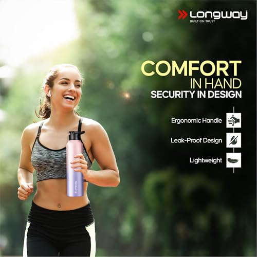 Image of Longway Rush 1 LTR Stainless Steel Water Bottle | Leak-Proof & Rust-Free Design | Perfect for School, Office, Home, Gym, Travel & Ideal for Men, Women & Kids (1000 ml, Aqua-Rose).