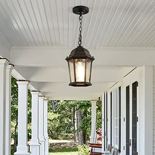 Haopent Outdoor Pendant Lights 7.5’’ Farmhouse Exterior Hanging Porch Light Waterproof Vintage Outdoor Lantern Pendant Lighting Height Adjustable With Glass Black And Copper For Porch Entryway Patio #TOP7