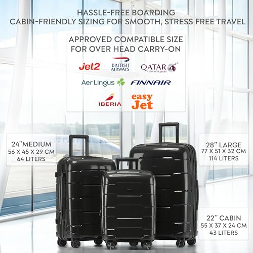 3-Piece Luggage Set Expandable Polypropylene Suitcase Set TSA Locks 8 Silent Spinner Wheels Lightweight Nested Suitcases Travel Set easyJet British Airways Jet2 Airline-Approved Carry-On Black - Image 4