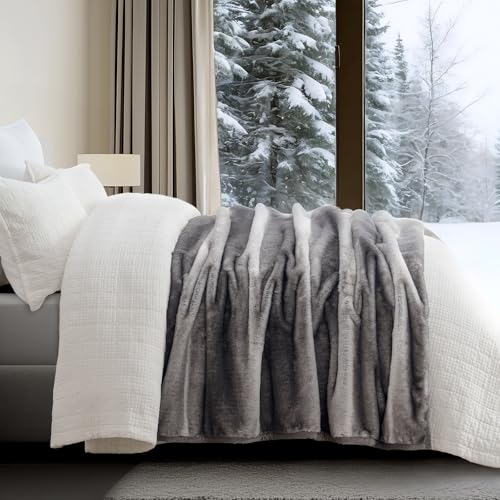 Image of EVERGRACEHOME Ultra Soft Luxury Fluffy Mink Faux Fur Throw Blanket, Thick Warm Fall Winter Blankets for Bed, Couch, Cozy Plush Reversible Blanket for Chair, Sofa (Ombre Silver Onyx, 60 inchx80 inch)