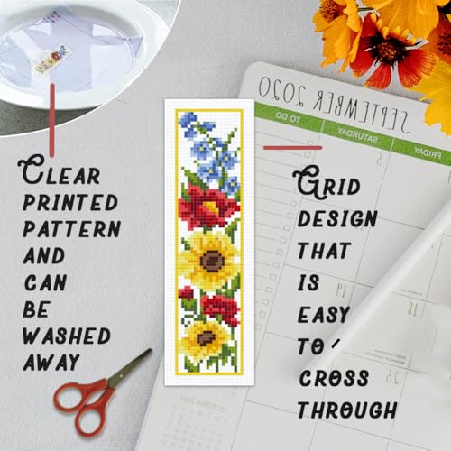 Image of BEUNITONE 6 Pcs Flowers Cross Stitch Bookmark Kit for Adults Beginners Vivid Floral DIY Stamped Embroidery Bookmark Punch Needle Kit with Instructions for Book Lovers Reader Writer Gift 8''x2.4''