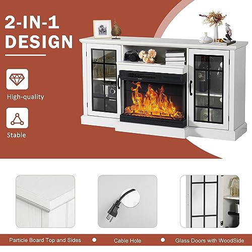 oneinmil Fireplace TV Stand with 3-Sided Glass Electric Fireplace,59'' Modern Media Entertainment Center with Farmhouse Glass Door Storage Cabinet, TV Cabinet for TVs up to 65",for Living Room,White - Thumbnail 6
