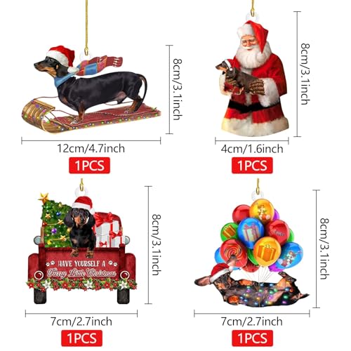 Weihnachtsbaumschmuck, Christbaumschmuck, 4 Stück Dackel Weihnachtsanhänger mit Doppelseitiger, Dackel Hängender Acryl, Weihnachtsdeko zum Aufhängen, Weihnachtsdekoration, Weihnachten Ornamente