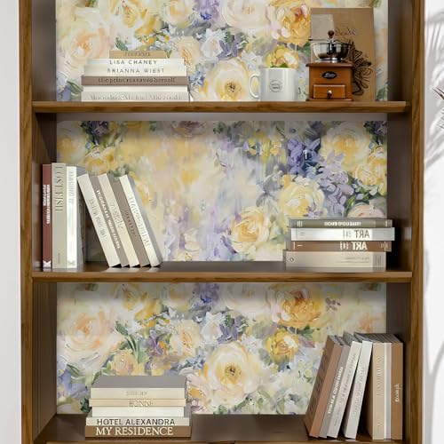 KDGHORMY Painting Floral Wallpaper Peel and Stick Self Adhesive Blooming Yellow Vintage Monet Watercolor Peony Flower Contact Paper Removable Waterproof for Bedroom Renter Friendly 17.71"x118.1" — view 3