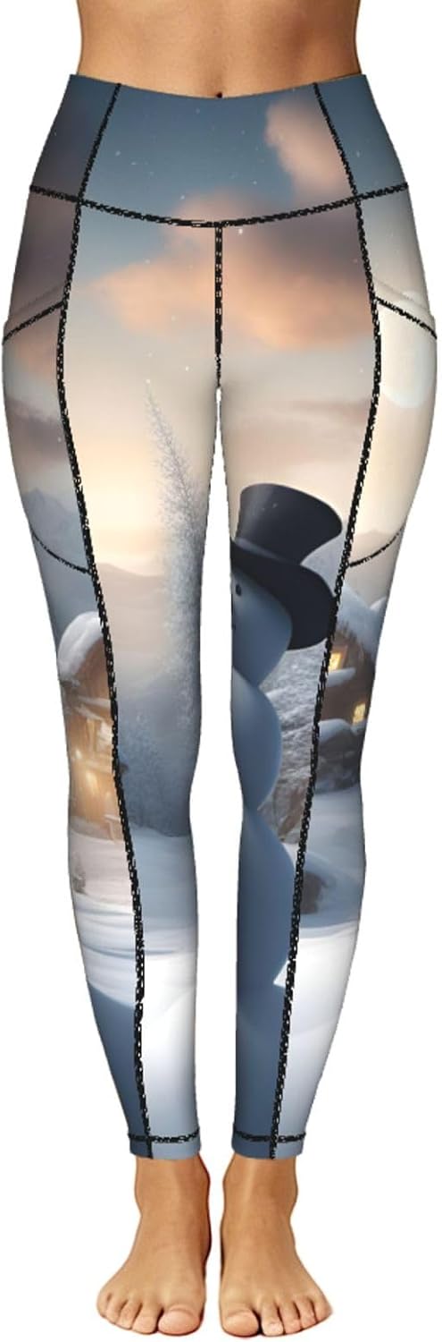 Christmas Snowman Print Leggings with Pockets,High Waist Tummy Control Pants, Workout Sets for Women
