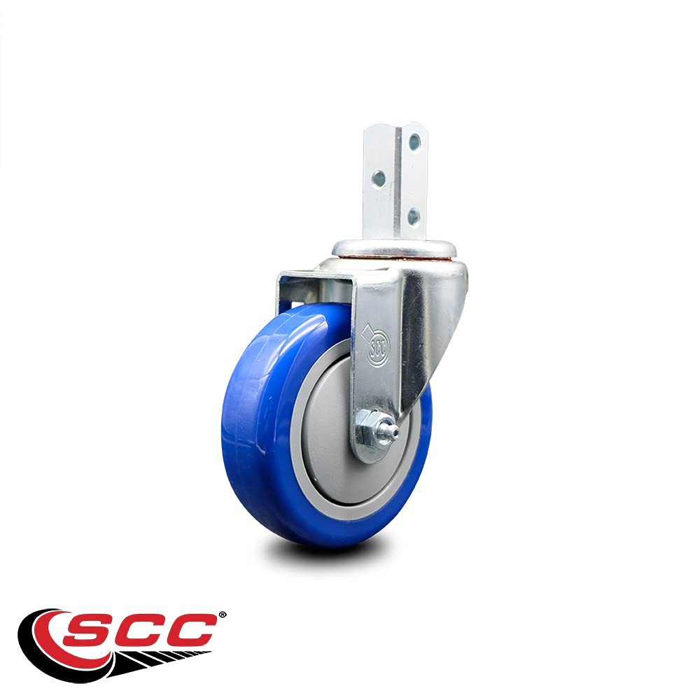 Swivel Square Stem Caster w/4” x 1.25” Blue Non-Marking Polyurethane Wheel – 3/4” x 2” Square Stem with (3) 17/64” Diameter Mounting Holes – 350 lbs. Capacity/Caster – Service Caster Brand