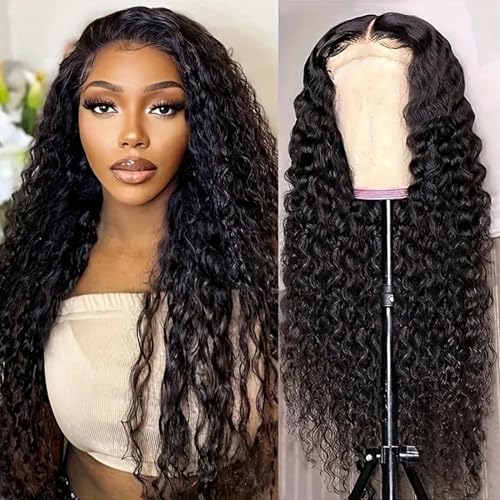 BASEMMAHER Lace Front Wigs Human Hair Pre-Plucked 30 Inch Natural Black Deep Water Wave Wigs Artificial Body Wave Frontal Wigs HD Transparent High-Density Emulation Lace Wigs for Black Women